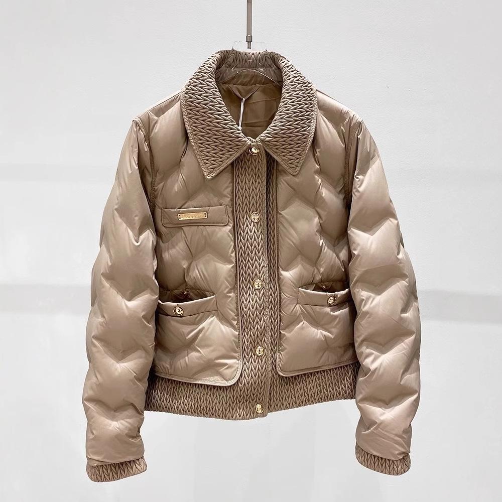 Xiaoxiangfeng Down Jacket Women's Short Fashion Woven Lapel Pressed Glue Light and Thin White Duck Down Warm Winter Coat