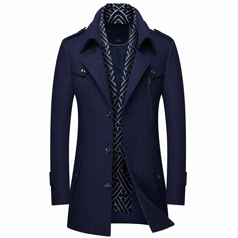 Men's Wool Trench Coat with Scarf Collar, Mid-Length