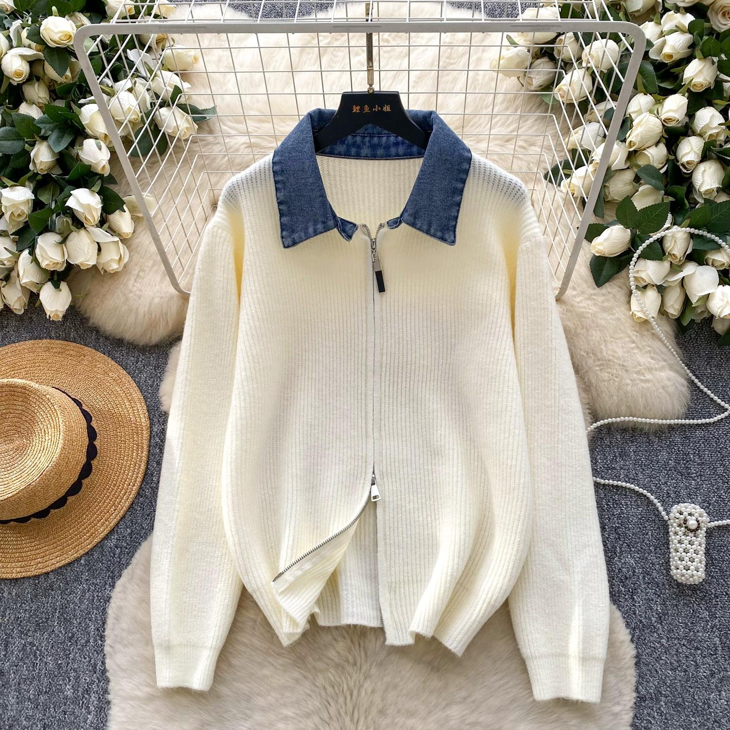 Осень Зима Женский Отложной Воротник Винтажный Джинсовый Лоскутный Вязаный Рождественский Свитер Кардиган на Молнии Топы для Девочки One Size абрикосовый