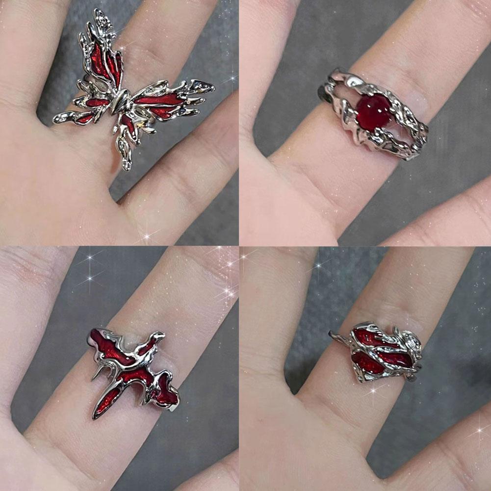 1pc Punk Cross Butterfly Irregular Red Crystal Glass Heart Aesthetic Rings for Women Y2K Gothic Animal Spider Ring Creative Jewelry