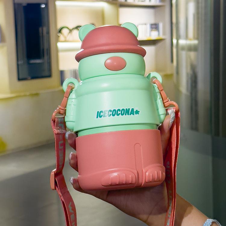 Láhev na vodu Kreslené Nerezová vakuová baňka Káva Mléko Cestovní šálek slámy Medvěd Láhev na vodu Izolovaná termoska