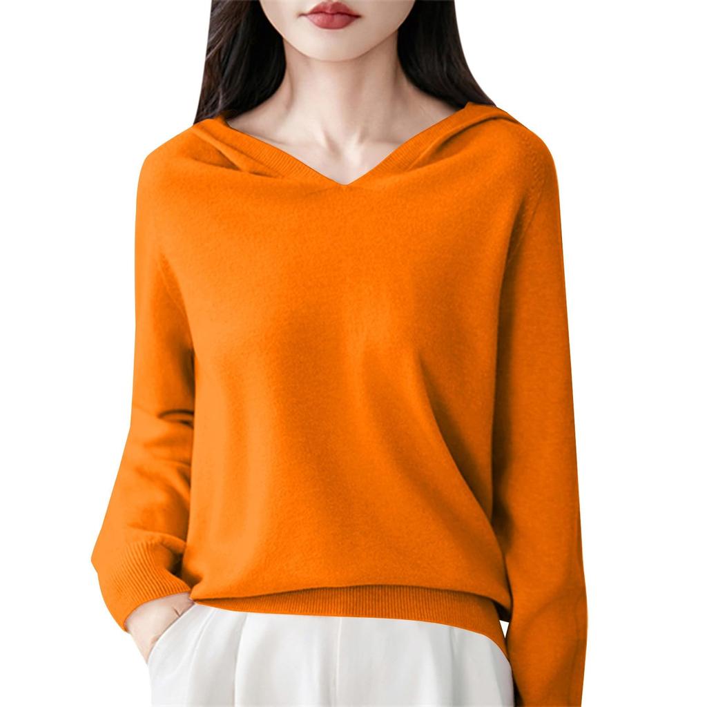 Women's Fashion Long-Sleeved -Colour V-Neck Hooded Knitted Sweater Warm Sweatshirt Knitwear