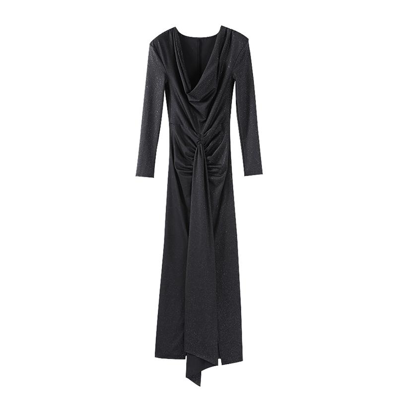 

Женское длинное платье, элегантное, с горячим тиснением, плиссированное, с глубоким V-образным вырезом, со шнуровкой, с длинными рукавами, длиной до пола, платья, новые модные женские халаты L чёрный