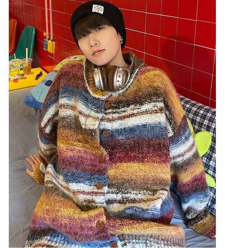Men's Retro Gradient Color Block Cardigan - Trendy Autumn/Winter Knitwear
