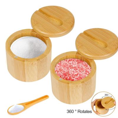 Bamboo Salt Cellar with Magnetic Swivel Lid Round Salt Box for Storing
