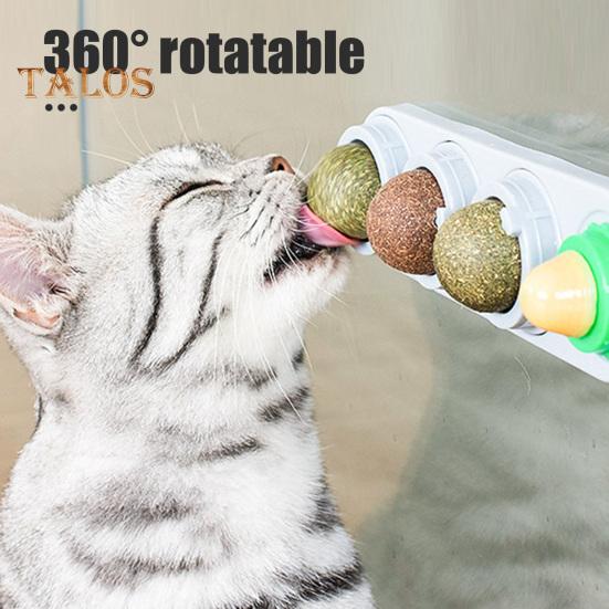 4Pcs Catnip Licking Balls Rotatable Wall Cat Edible Ball Toy with Natural Catnip Silvervine Safe Healthy Kitten Teeth Cleaning Dental Toy for Indoor