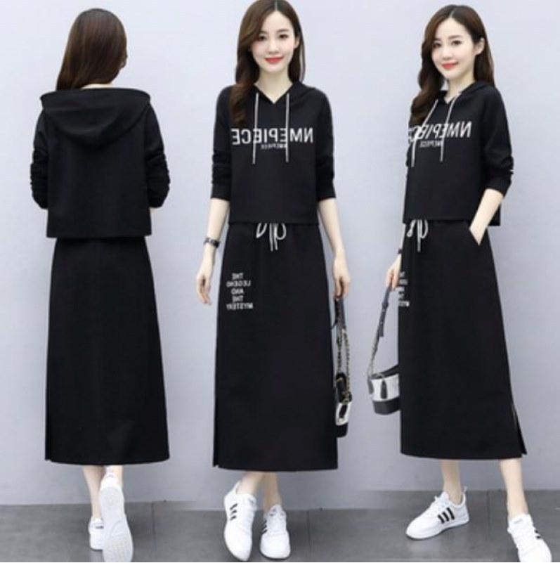 Women's Loose Fit Two-piece Skirt Suit Long Sleeve Cropped Hoodie High Waist Midi Skirt Letter Print Casual Athleisure Matching Outfit Set
