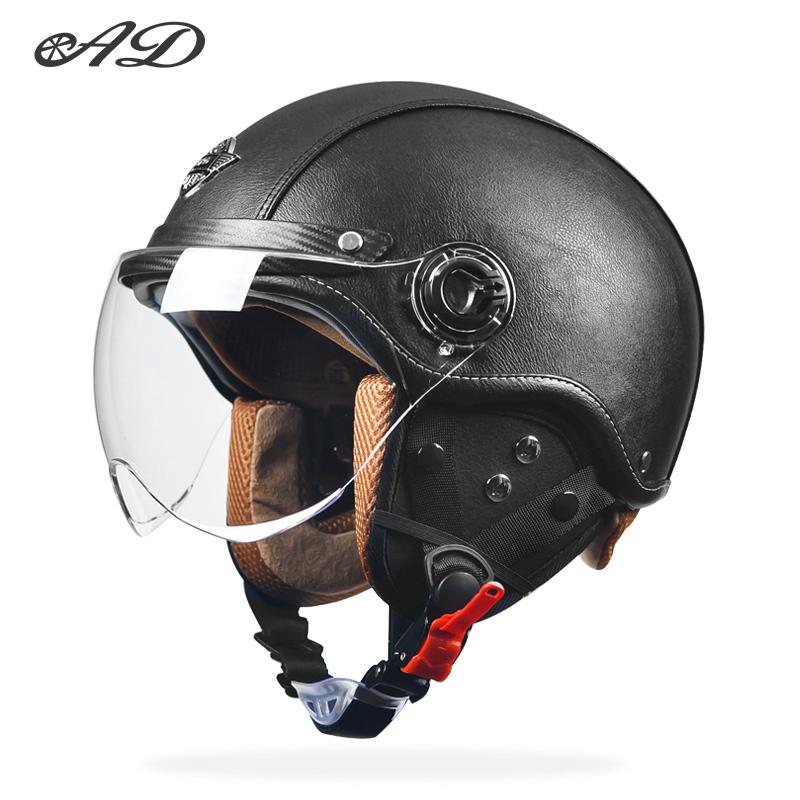 AD Retro Motorcycle Helmets with Harley Visor Leather Helmet for Man Electric Motorbike Vintage Protected Motor Safety Cap