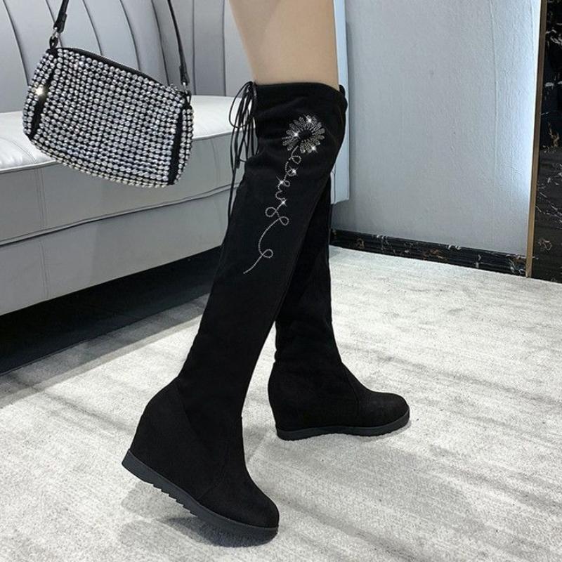 Women's Thigh-High Winter Over The Knee Boots  Slimming Built-In Heel Lift Elastic Fabric Plus Size Furry Long Boots