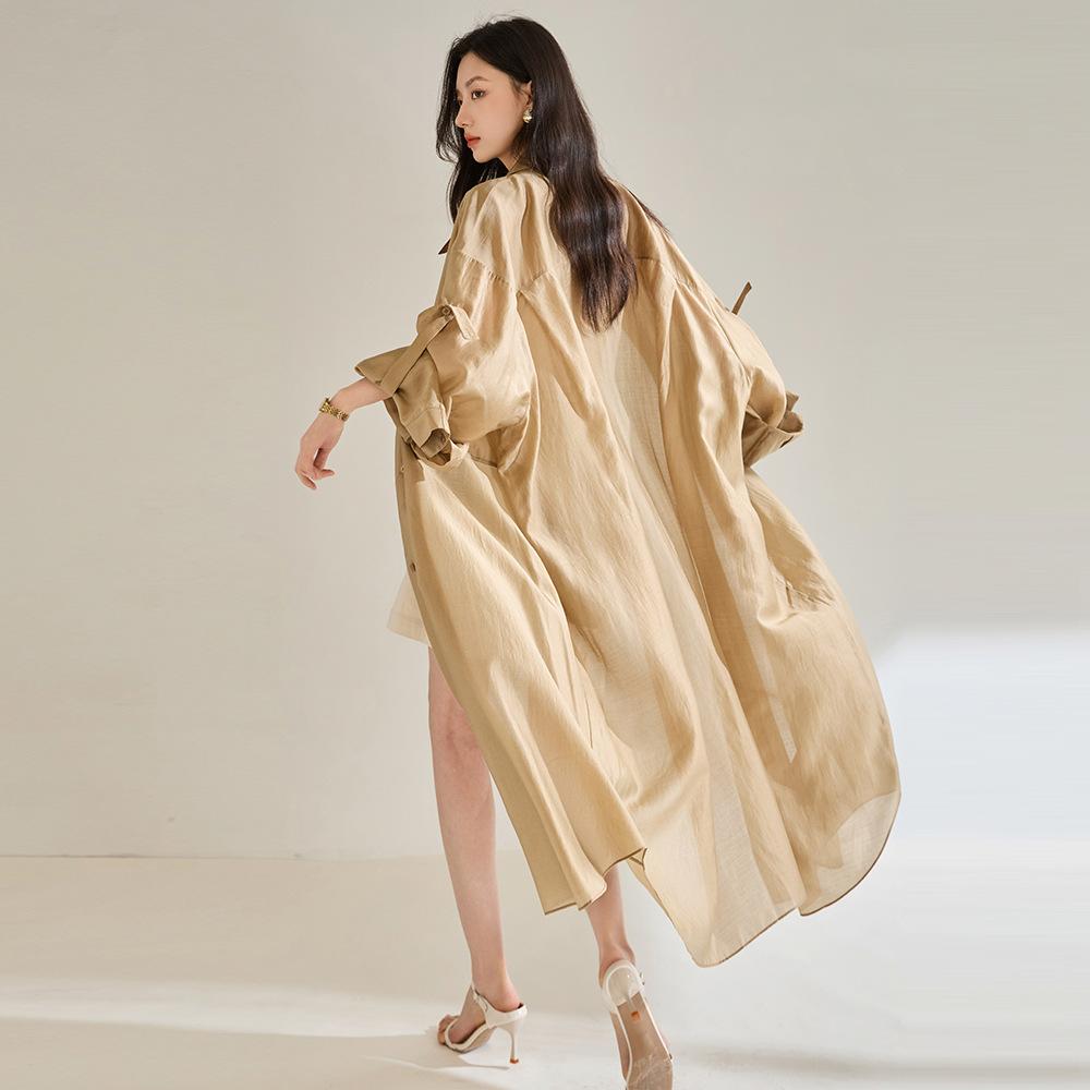 Spring and summer new thin sunscreen long coat paper texture khaki trench coat female 18851