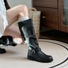 Retro Wide Tube Big Tube Circumference Round Head Tooling Boots Thick Heel Thick Sole Thin Medium And Long Tube Knight Boots Women'S Belt Buckle