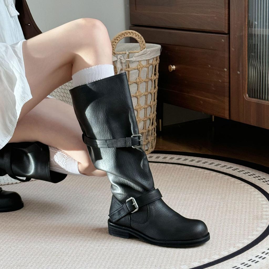 Retro Wide Tube Big Tube Circumference Round Head Tooling Boots Thick Heel Thick Sole Thin Medium And Long Tube Knight Boots Women'S Belt Buckle