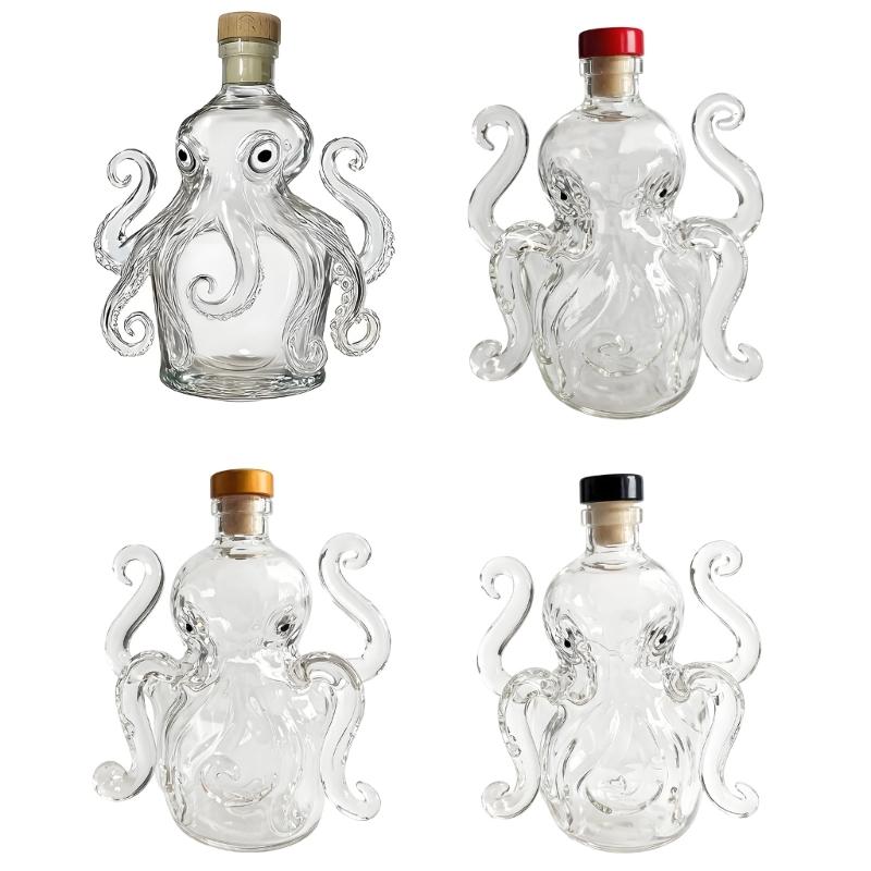 Cabinet Shelf Display Bottle in Clear Glass, 8-Footed Fish Whisky Vessel with Stopper for Vodka Bar Cart and Serving Corner