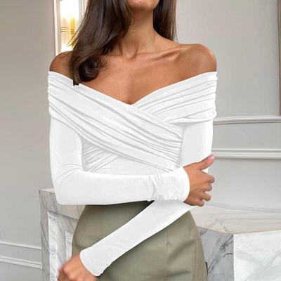 2024 Europäischer & Amerikanischer Herbst/Winter Damen Sexy Tiefer V Langarm Plissiertes Schulterfreies Oberteil