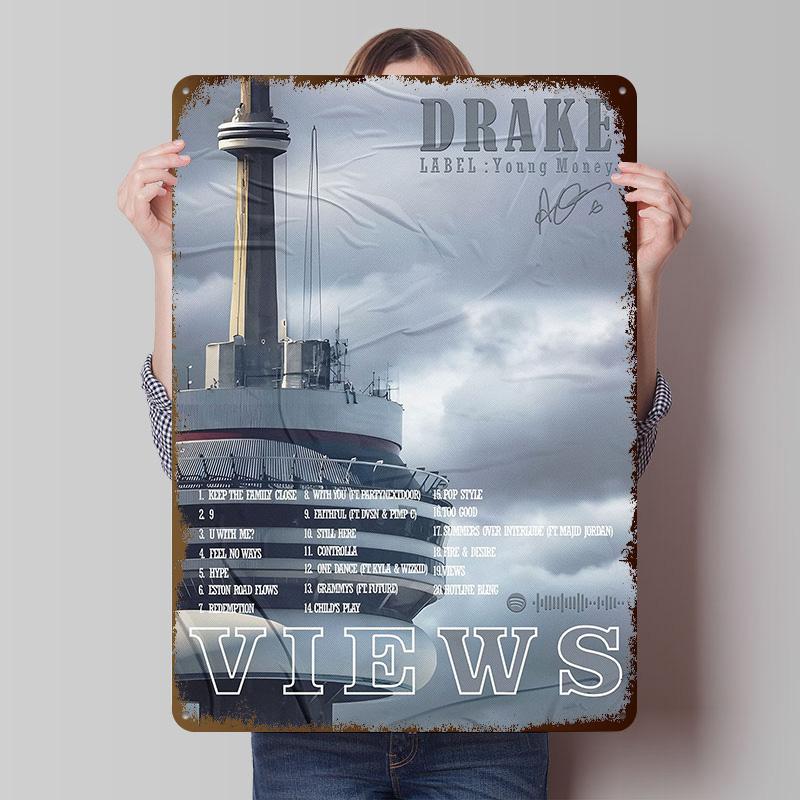 Drake Views Obal alba Views Plechové plakáty Přizpůsobitelné nástěnné umění Retro Vintage Kovové cedule pro výzdobu domácí místnosti Garáž
