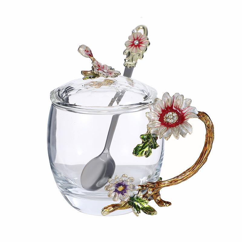Creative Enamel Water Cup Spoon Set Home Luxury Glass Cup with Spoon with Lid Tea Cup Gift Box