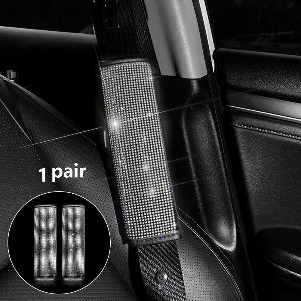 2PCS Bling Rhinestone Crystal Universal Car Seat Belt Pads Cover Soft Comfort Plush Shoulder Strap Harness Pad for Car Bag 2Pack