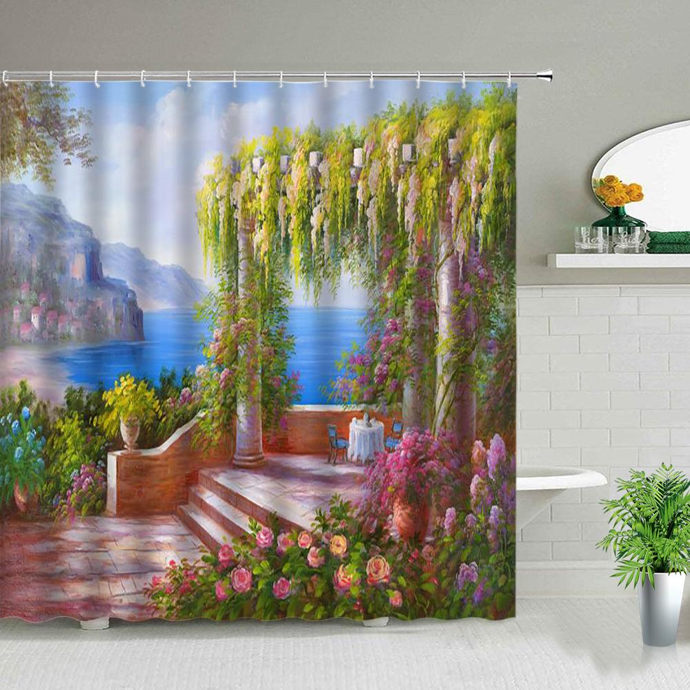 3d Nordic Italy Street Alley Shower Curtain Garden Flowers Scenery Retro Design Cloth Curtains Waterproof Home Bathroom Decor