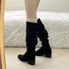 Vintage Stretch Women Knee High Boots Fashion Pleated Long Booties Ladies Casual Low Heel Shoes