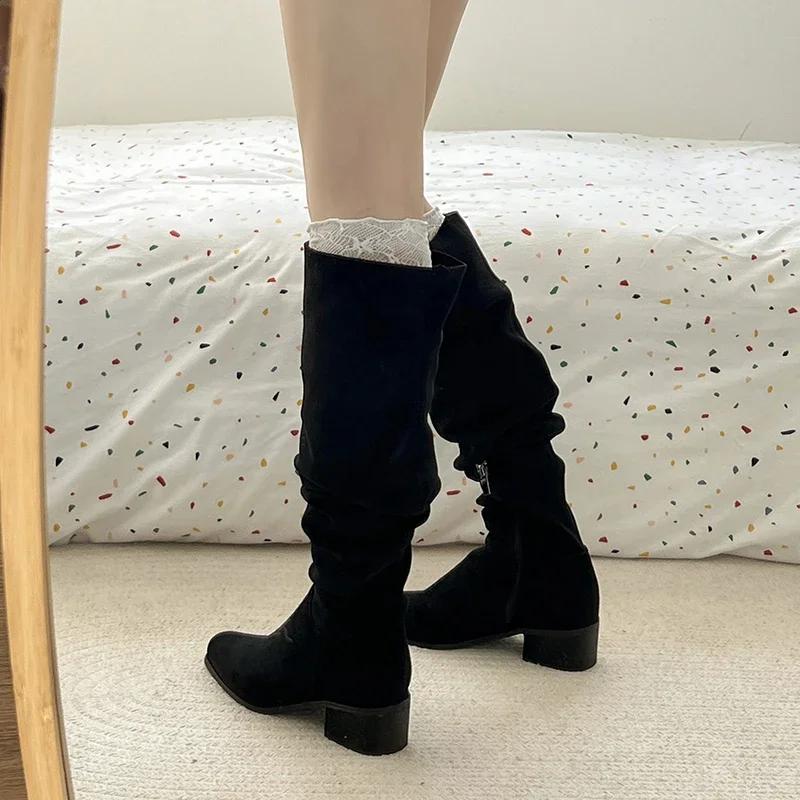 Vintage Stretch Women Knee High Boots Fashion Pleated Long Booties Ladies Casual Low Heel Shoes