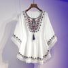 Women Summer Tees Retro Boho Style Embroidery Blouses Cloak Top Loose Cotton Lace Hem Bat Sleeve Kimono Shirts Blusa Feminina