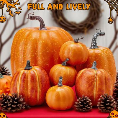 7 Pcs Artificial Pumpkins Assorted Sizes Faux Foam Pumpkin Crafts Farmhouse Rustic Fall Table Centerpiece for Halloween Thanksgiving Mantel