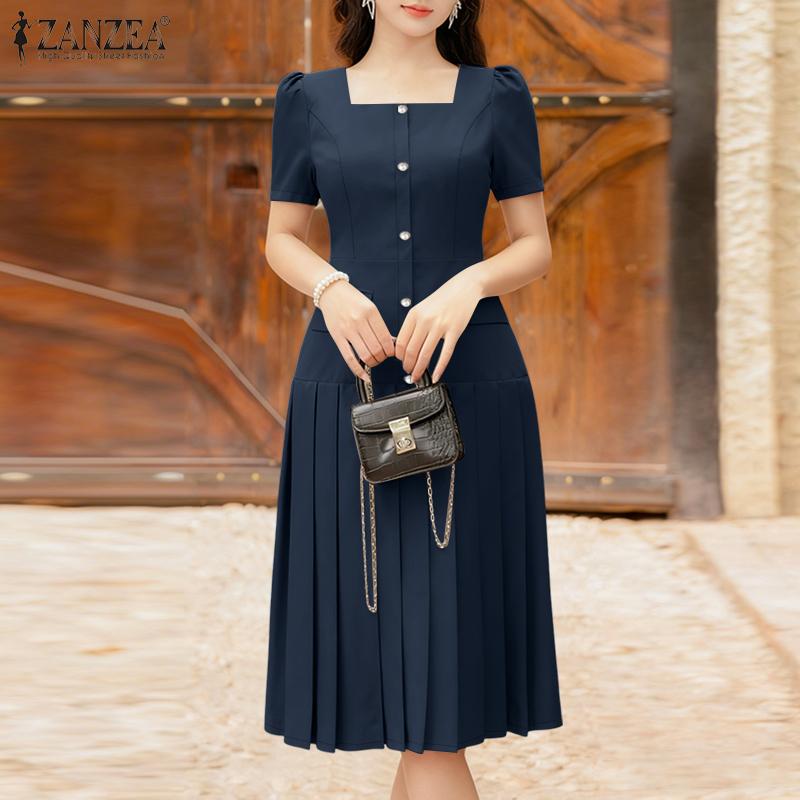 ZANZEA Women Square Collar Summer Casual Short Sleeve Dress