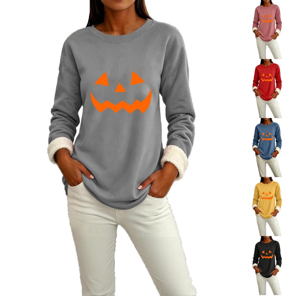 Women's Lined Long Sleeve Neck Top with Halloween Print for Winter Daily Wear