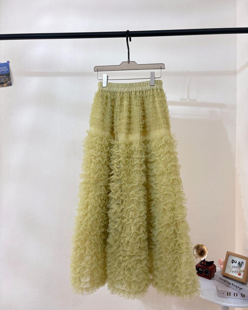 Sweet Apricot Embroidered Mesh Ruffle Midi Skirt - Fluffy, Layered and Versatile for Autumn/Winter