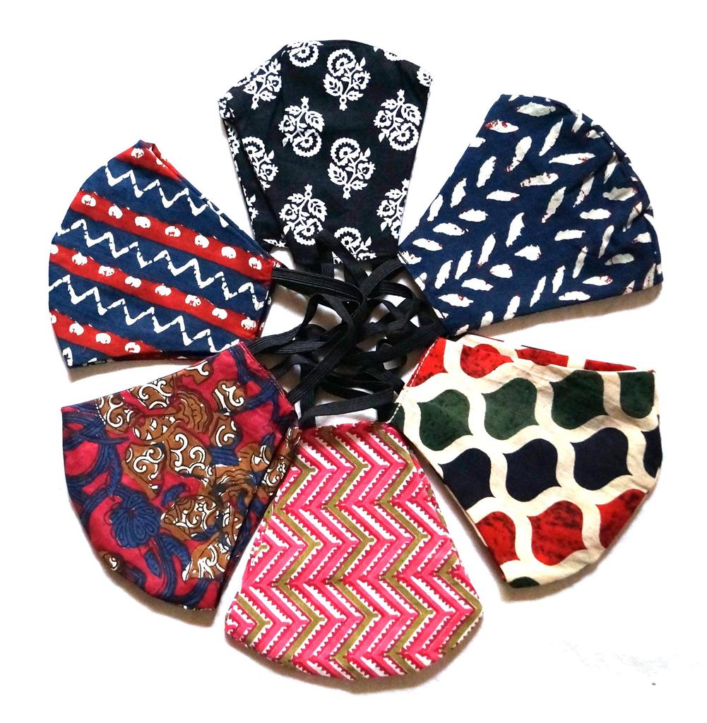 Deccani Handicrafts 100% Pure Cotton Quality Designer Fashion Face Masks - FAMILY PACK 6Nos. (2 Large, 2 Medium & 2 Kids Masks)