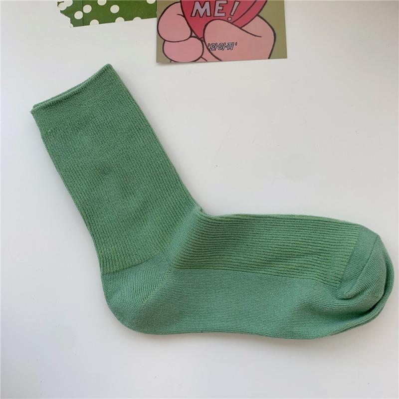 Bomull Ensfarvede Sokker for Kvinner, Høst Tynne Tynne Stripete Frotte-sokker for Kvinner, Midt-legg Sokker