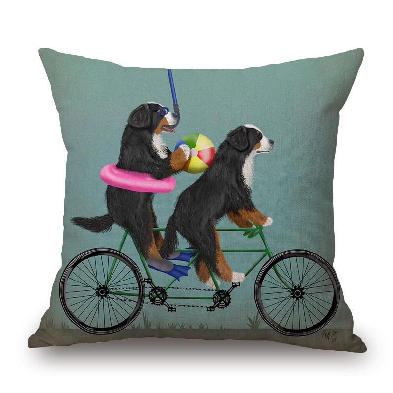 Dogs On Bicycle Art Cushion Cover Poodle Bulldog German Shepherd Golden Retriever Dachshunds Labrador Print Linen Pillow Case