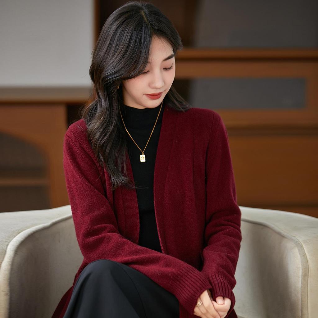 New Women's Versatile Pure Wool Cardigan - Loose, Long Sleeve, No Buttons, With Pockets, Trendy Outerwear Sweater Coat.