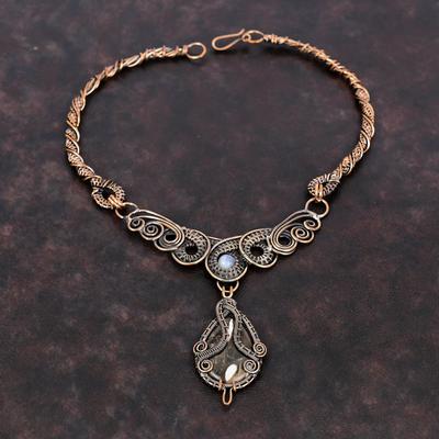 Peanut Wood Jasper Necklace Copper Wire Wrapped Jewelry Real Gemstone Necklace Handmade Copper Necklace Wire Wrap Rainbow Moonstone Necklace