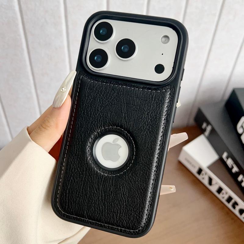 Luxury Leather Hollow Logo Case for iPhone 17 Air 16 15 14 13 12 11 Pro Max 17Promax Business Hard Shockproof Armor Funda Cover