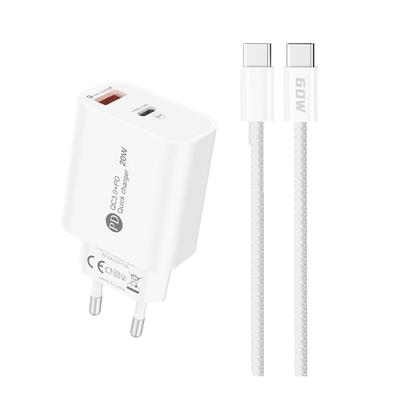 20W USBA USBC Wall Charger with 1m USBC Cable, White