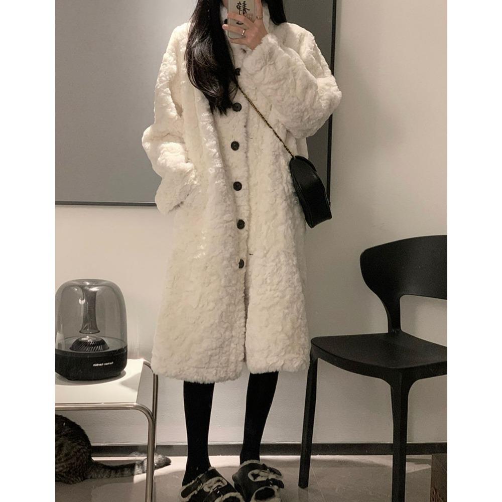 Kabát z jehněčí vlny dámský dlouhý kabát nad koleno kožešinový zateplený volný stojáček vatovaný teplý ležérní bunda
