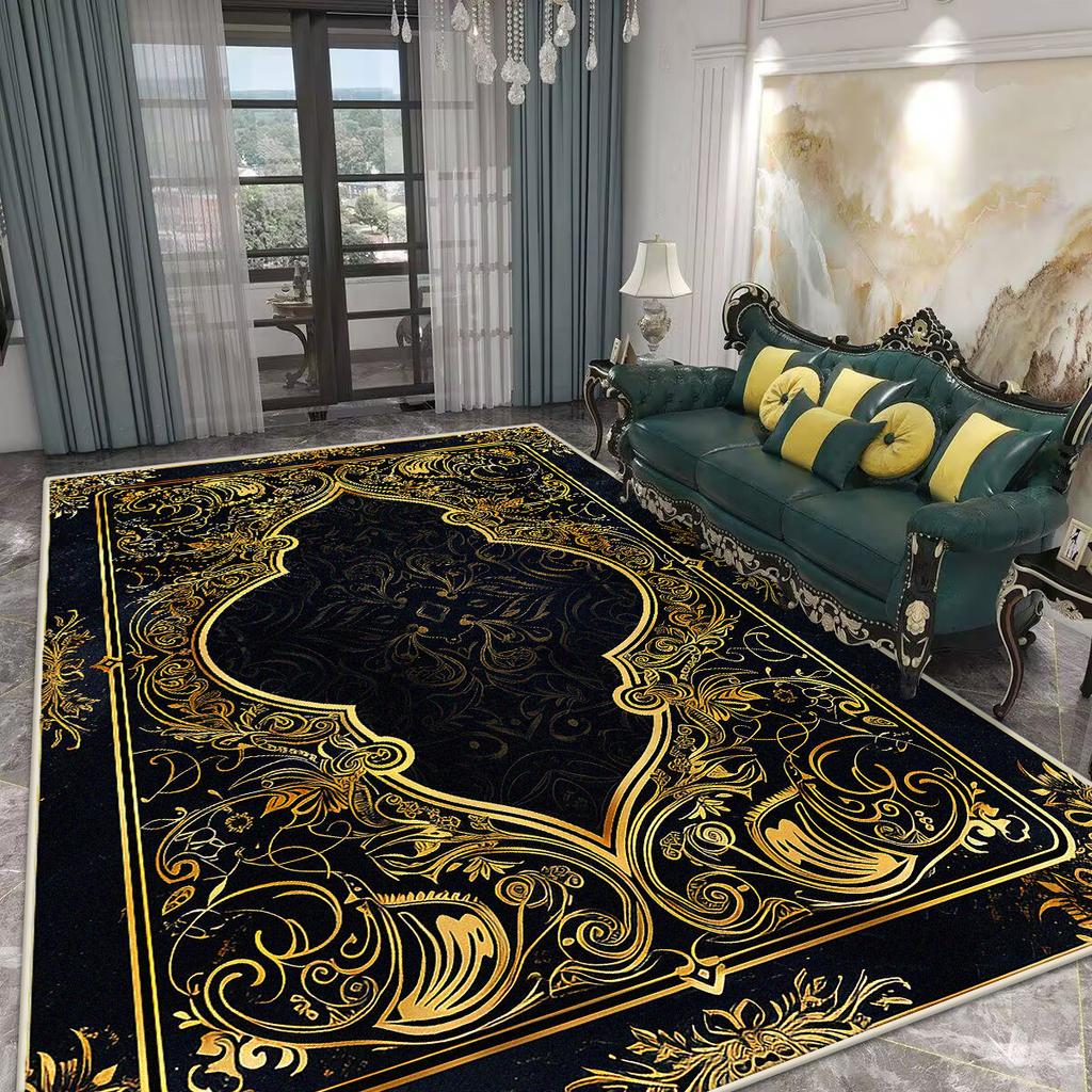 Home Decoration Luxury Black Living Room Rug Antiskid Golden Border Gaming Room Carpet Big Size Soft Entrance Door Mat Washable