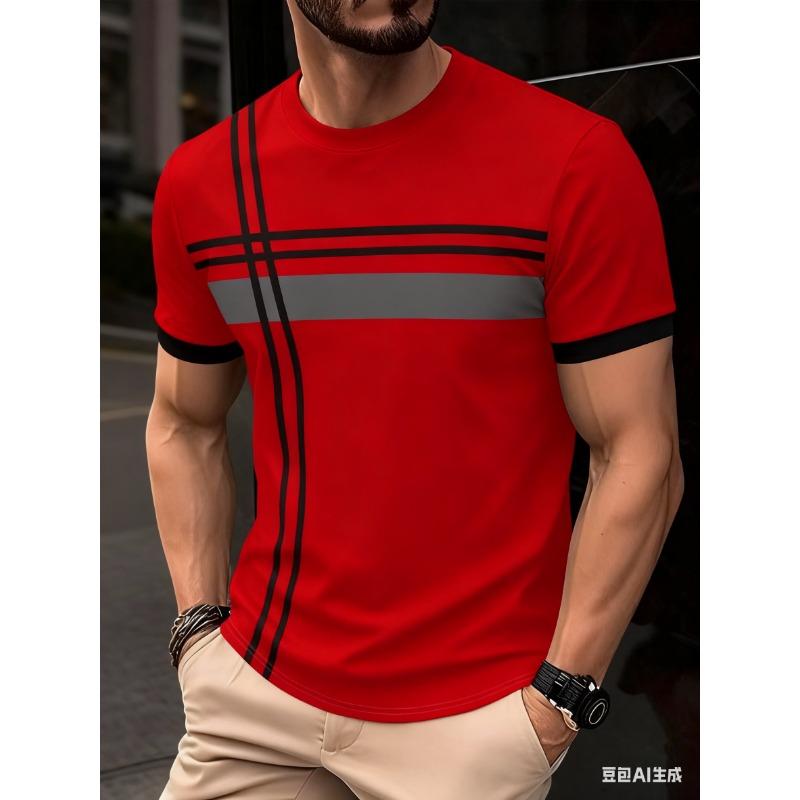 T-shirt simple rayé pour homme, Haut décontracté chic à col rond et manches courtes 5XL
