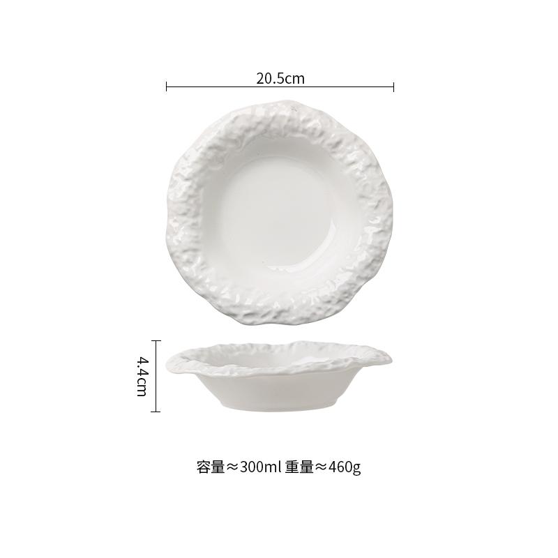 Creative Stone Pattern Edge Ceramic Plate Pure White Salad Plate Dessert Plate Thick Soup Plates Deep Plates Hotel Tableware