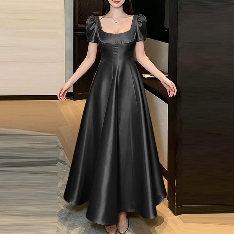 ZANZEA Women Elegant Square Collar Casual Short Sleeve A-Line Long Dress S чёрный