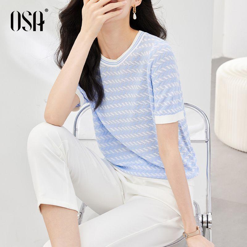 

OSA Желтый Ледяной Шелк Утягивающий Пуловер С Коротким Рукавом Свитер Blue M