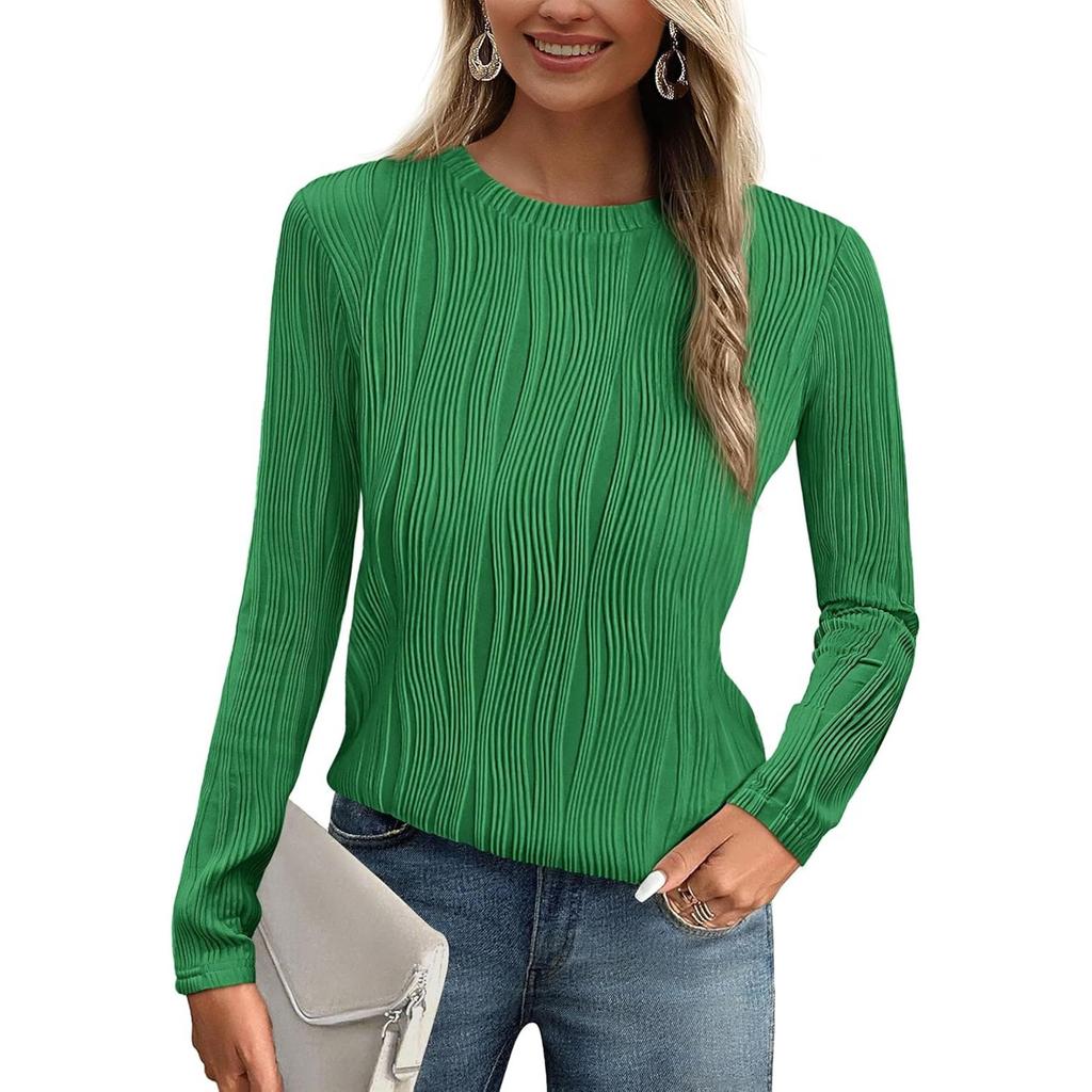 Women's Fashion Round Neck Long Sleeve T-Shirt Solid Color Textured Bottom Top