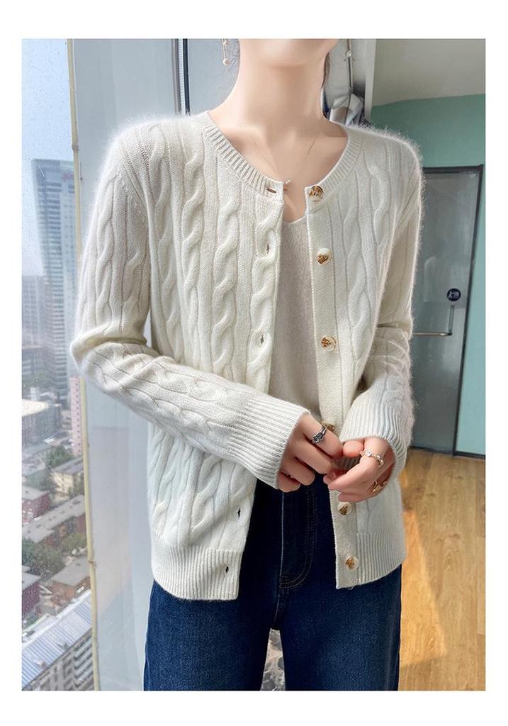 Women's Cashmere Round Neck Cable Knit Cardigan - High-End, Fashionable, Versatile Sweater for Autumn/Winter