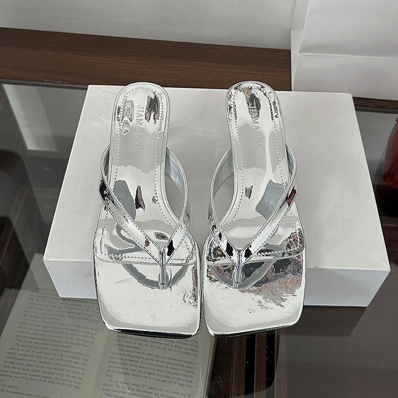 Fashion Luxury Fashion Square Toe Ladies Heeled Slippers Female Slides Sandals Shallow Women Low Heel Slippers Shoes Flip Flops