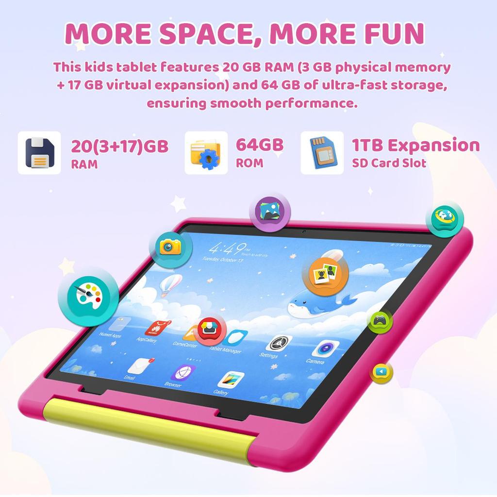 Tablet per Bambini Android 16, 10,1 Pollici, 20 GB di RAM + 64 GB di ROM, Custodia Protettiva