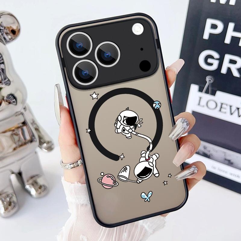 Magnetic Cute Astronaut Pattern Phone Case For iPhone 17 15 16 Pro Max 14 13 Pro 17 For Magsafe Wireless Charge Soft Edge Cover