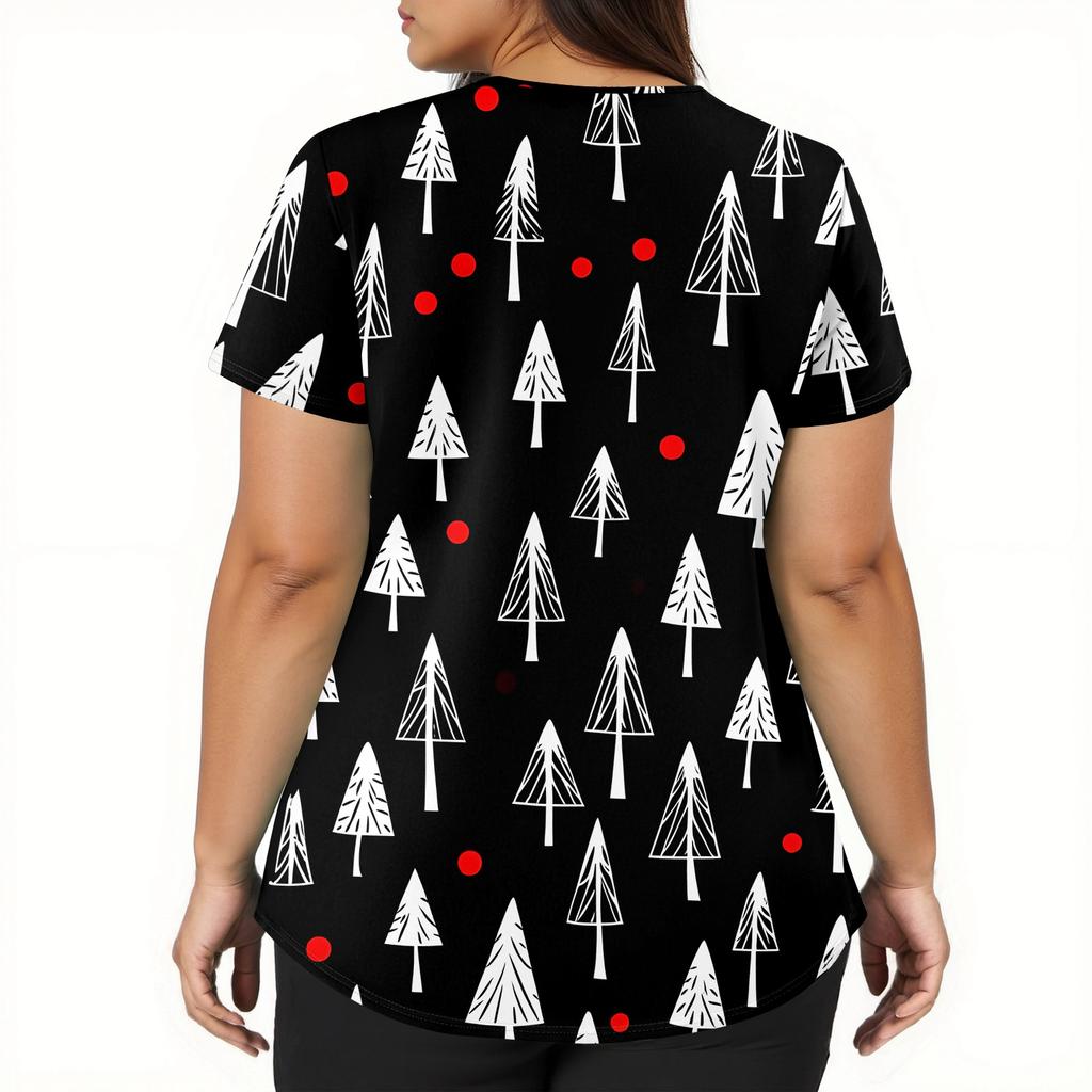 Women's Fashion V-neck Short Sleeve Workwear With Pockets Christmas Printed Tops