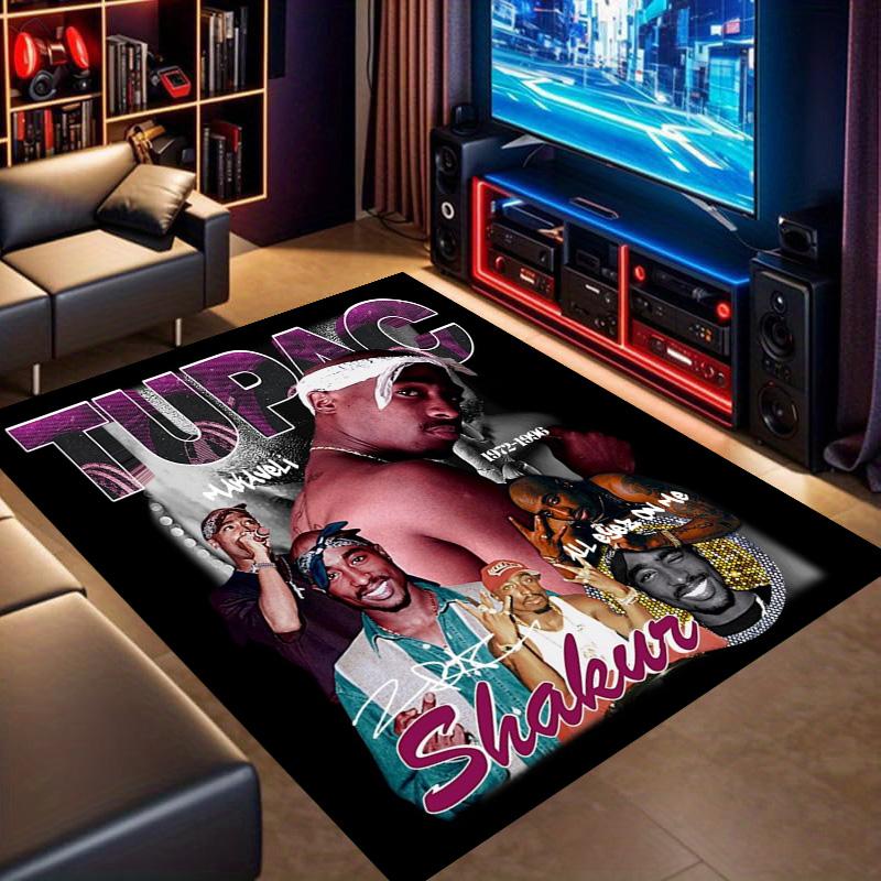 Rapper Star Tupac Shakur Collage Print Area Rug Non‑Slip Rectangular Floor Mat Hip‑Hop Music Decor Rug for Gaming Room Bedroom Living Room