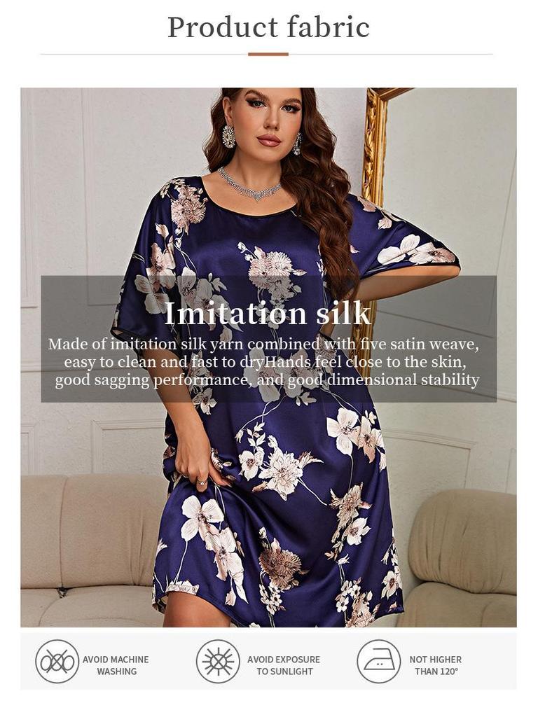 Plus Size Women's Mid-Length Silk Print Pajama Dress - Summer Pullover Nightwear